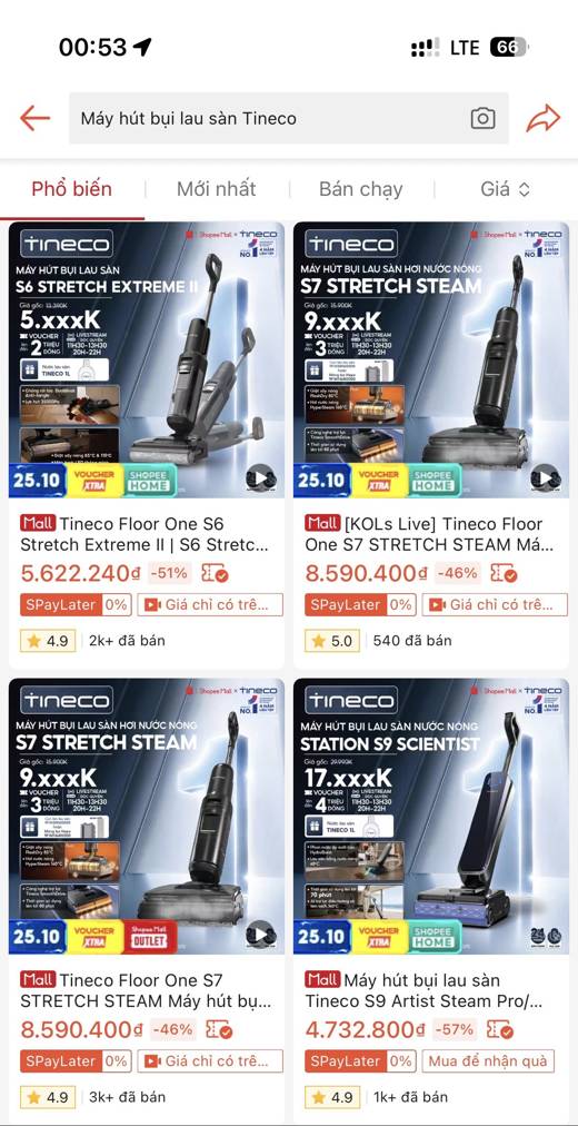 Shopee Tineco: S6 Extreme II · S7 Steam 3k+ · Station S9 Scientist