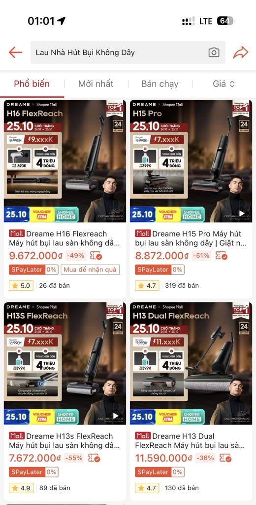 Shopee Dreame: H16 FlexReach 9,67tr · H15 Pro · H13s