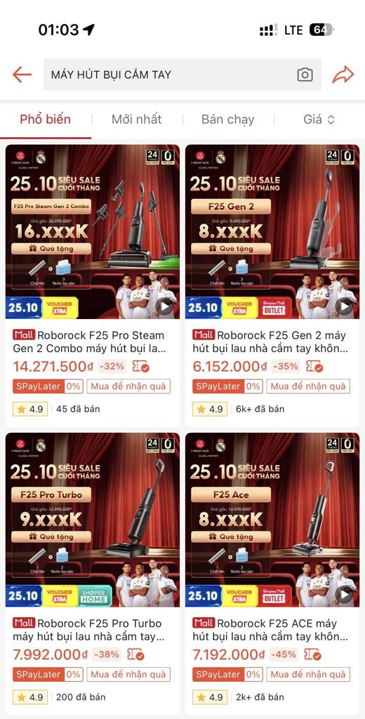 Shopee Roborock: F25 Gen 2 6k+ · ACE · Pro Turbo