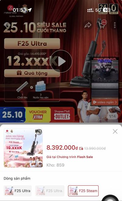 Roborock F25 Steam (variant) — 8.392.000đ Flash Sale · kho 859