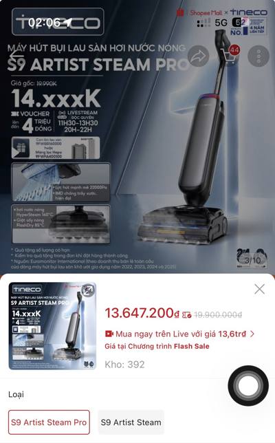 Tineco S9 Artist Steam Pro (Flash Sale) — 13.647.200đ · kho 392