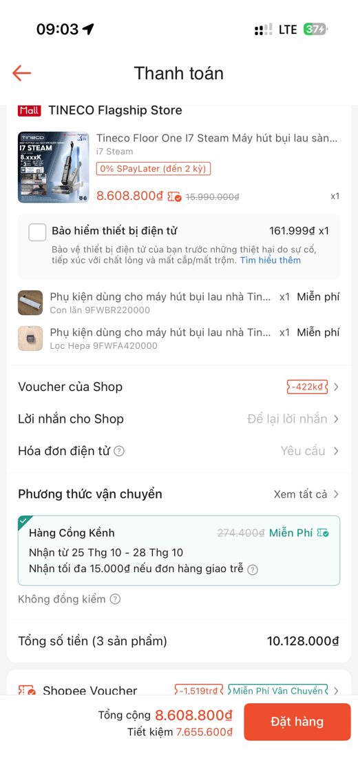 Checkout i7 Steam — trả 8.608.800đ (mã shop −422k · mã Shopee −1.519.200đ · ship 274.400đ → 0 · quà con lăn + lọc HEPA)