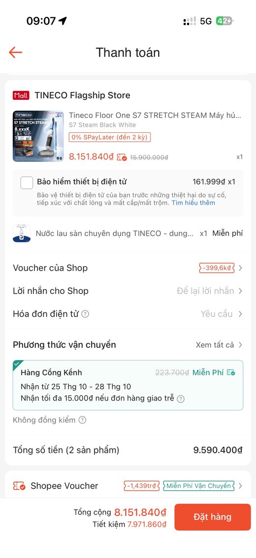Checkout S7 Stretch Steam — trả 8.151.840đ (mã shop −399,6k · mã Shopee −1.438.560đ · ship 223.700đ → 0 · quà nước lau sàn)