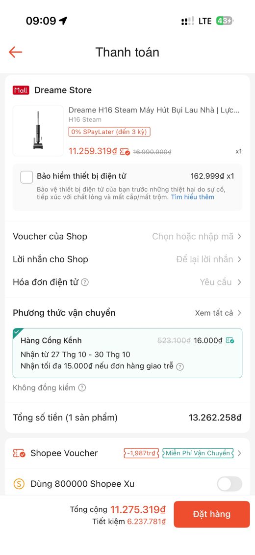 Checkout Dreame H16 Steam — trả 11.275.319đ (mã Shopee −1.986.939đ · ship 523.100đ → người mua trả 16.000đ)